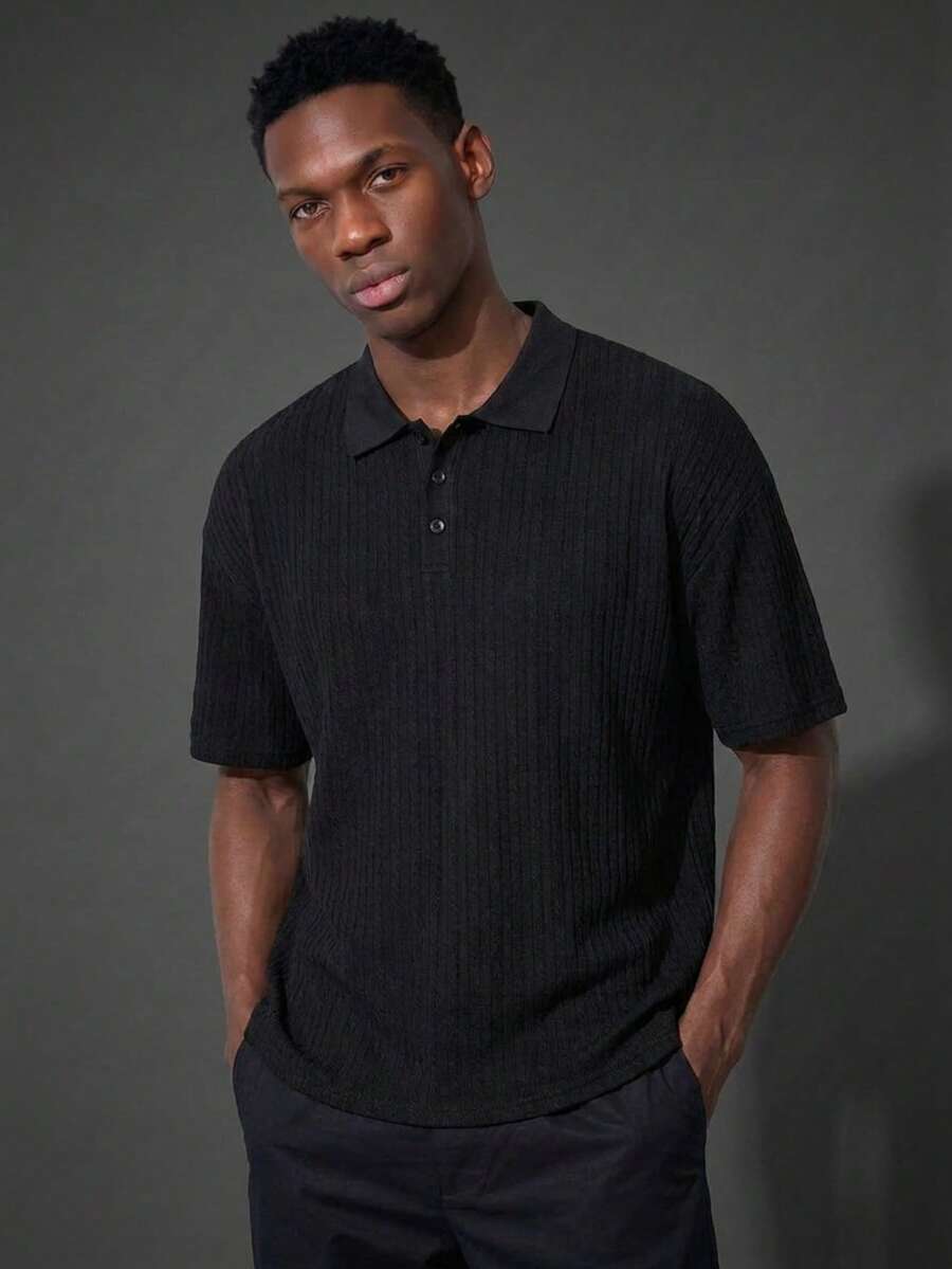 Camvyn Men's Summer Casual Versatile Jacquard Slim Fit Short Sleeve Polo Shirt - Black - View 1