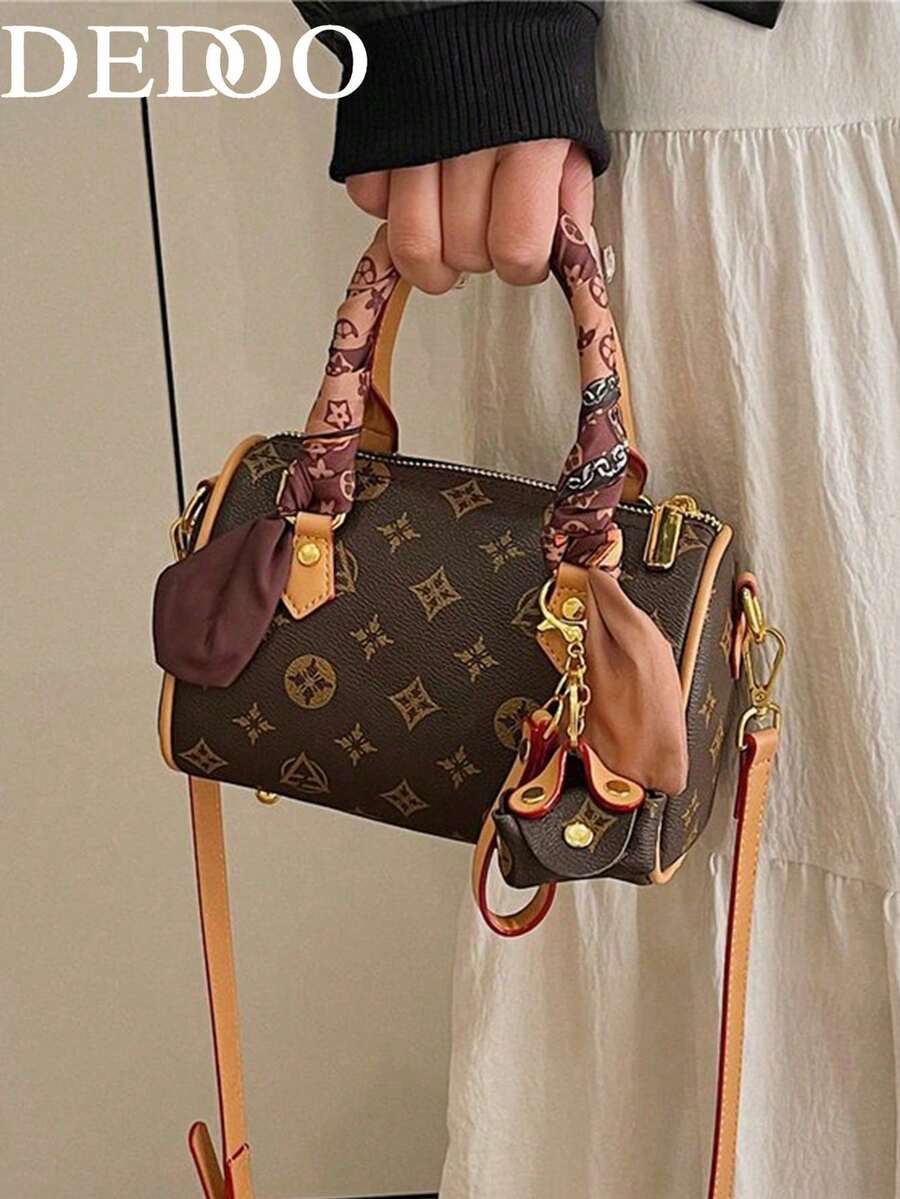 Dedoo 女款迷你波士頓斜挎包,復古字母印花PU皮革手提包,附圍巾與迷你零錢包,復古日常女包,適合春季 - 咖啡 - 查看 1