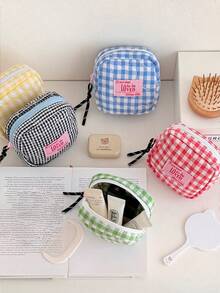 1pc Quilted Padded Makeup Bag, Plaid Small Storage Pouch, Student Coin Purse, Portable Mini Cosmetic Bag, Menstrual Pouch, Miscellaneous Items Organizer - Square - View 6