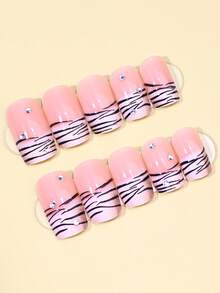 French Tip Press On Nails Square Fake Nails With Leopard Print Designs Glossy Glue On Acrylic Nails Nude Pink False Nail Press Ons For Women 24Pcs - Multicolor - View 2