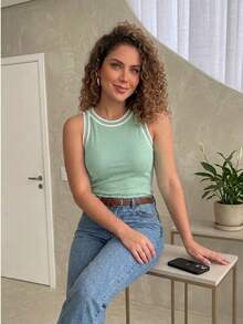 Blusa Regata Casual Feminina Estampa Xadrez - Verde Menta - Visão 3