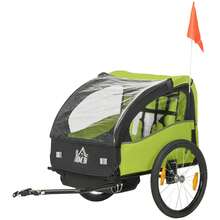 HOMCOM Remolque de Bicicleta para Niños +18 Meses Cochecito para Transporte de 2 Plazas con Cinturón de Protección Espacio de Almacenamiento y Sistema de Amortiguador 140x88x90 cm Verde - Verde - Ver 10