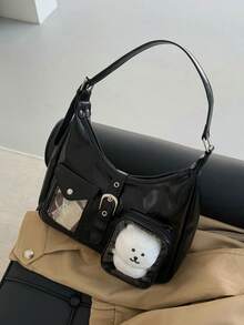 2026 New Japanese Y2K Fashion Shopping Casual Minimalist Street Commute Large Capacity Women's College Style Transparent Badge Bag Shoulder Bag Crossbody Bag (Does Not Include Pendant Doll Postcard) - Black - View 6