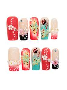 10pcs Kawaii Summer Dopamine Press On Nails, Red Teal Ladybug Floral Butterfly Long Square Fake Nails 3D White Mini Daisy Iridescent Bubble Rhinestone, For Outdoor Trip, Grad Dance & Floral Afternoon Tea, With Jelly Glue And Nail File - Multicolor - View 5