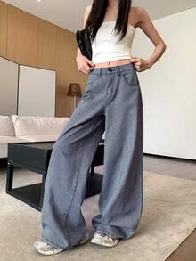Women's American Retro Striped Fabric Loose Straight Wide Leg Denim Jeans, Blue Long - Blue - View 3