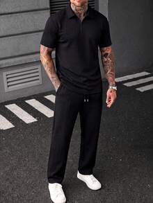 Pure Black Wheat Ear Jacquard Knit Polo Shirt With Half-Zip Collar And Drawstring Straight Leg Pants, Men's Casual 2 Pieces Set - Black - View 4