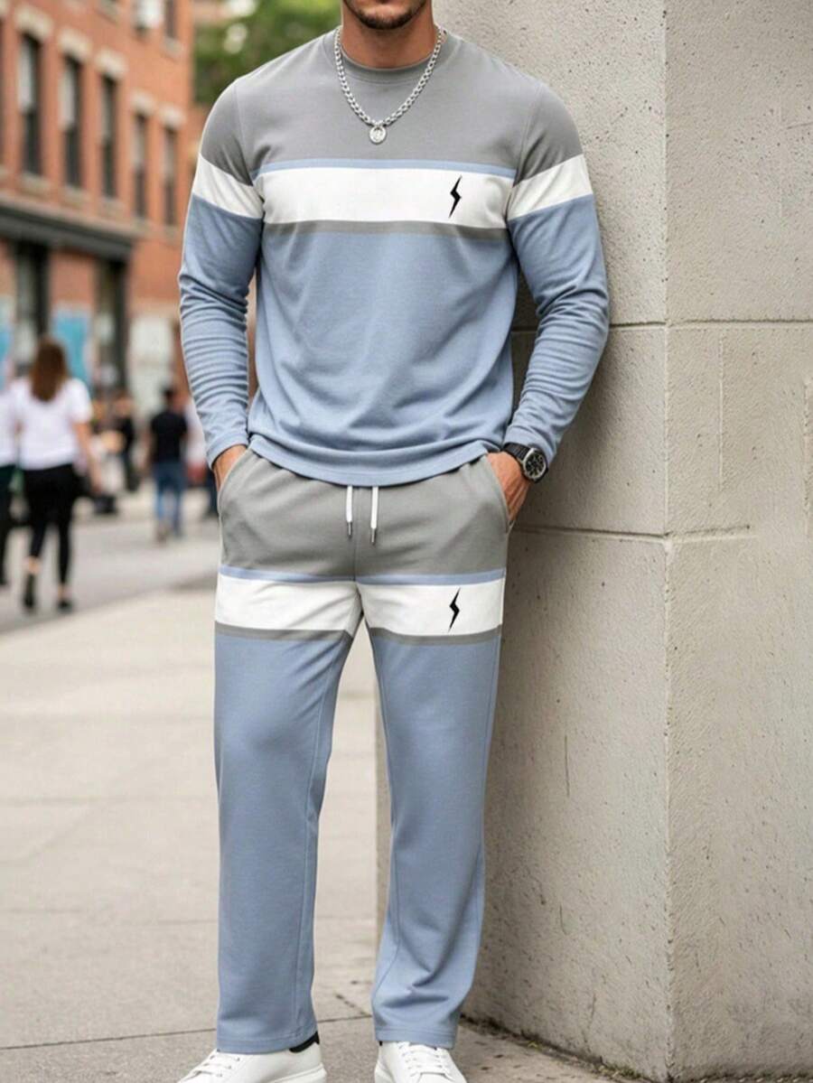 Men's Autumn/Winter Casual Comfortable Colorblock Striped Print Crew Neck Long Sleeve T-Shirt & Pants Set - Multicolor - View 1