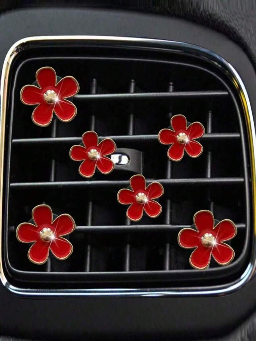 6入紅色花朵金邊汽車出風口夾，花卉香氛裝飾夾，優雅甜美通用汽車出風口內飾配件 - A - 查看 1