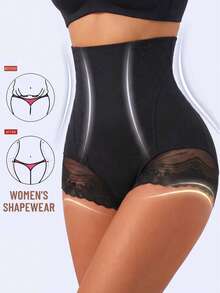 1pc Lace Trim Safety Shorts, Tummy Control Waist Shaping Slimming Casual Sports Yoga Leggings, Outerwear Base Layer Shaping Pants, All Season Spring Summer Autumn Winter - Black - View 2