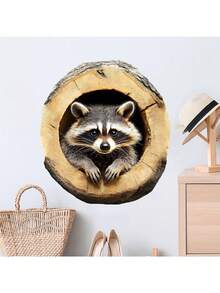 1pc Realistic Tree Hole Wall Sticker, Raccoon Exploring Forest Animal Decal, Fun Self-Adhesive Removable Artwork, Suitable For Living Room Bedroom, Natural Theme Decoration, Removable Wall Sticker, No Residue, Charming Forest Scene, Raccoon Playing In Tree Hole, Easy To Peel And Stick, Self-Adhesive Decoration, Suitable For Living Room Bedroom, Natural Theme Wall Sticker - Raccoon Cave Exploration - View 5