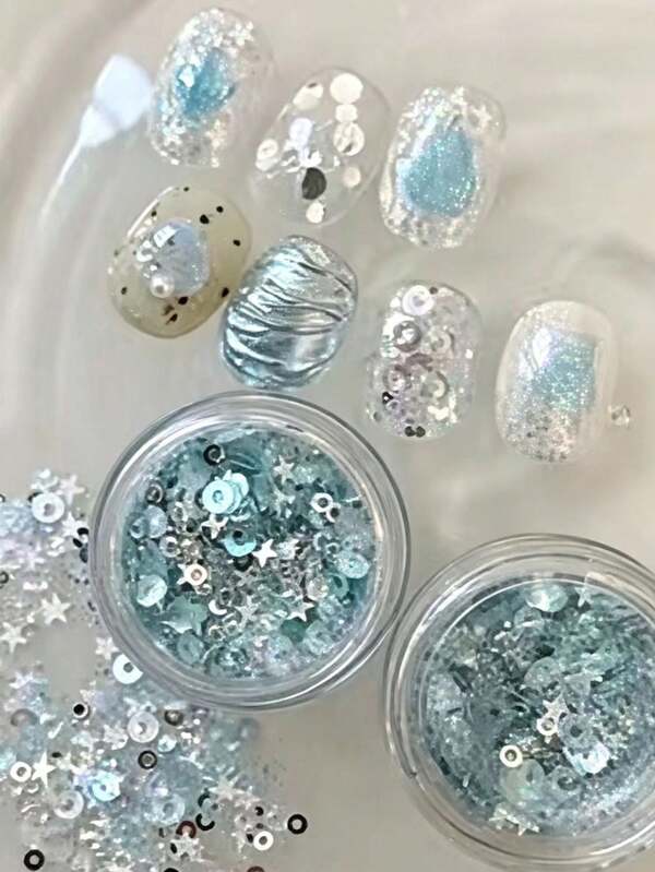 1box Canned Ice Blue Mixed Hollow Circle Glitter, Contains Various Shapes Of Sequins And Fine Glitter Powder, Thin And Adherent To Nail Surface, Suitable For Sea Salt Blue And Milky White Translucent Nail Types, Create Fresh Summer Beach Fingertips, Light Therapy And Handmade Wearable Nail Fresh Versatile Base Glitter