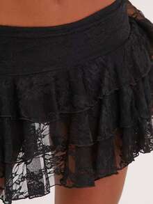 Women's Tiered Lace Mini Skirt Low Waist Sheer Ruffle Hem Y2K Coquette Daily Club Sleepwear Fashion Skirts Spring Summer Fall - Black - View 4