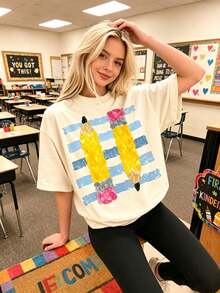 Retro Pencil Graphic Teacher Tee Cute Alphabet Print Classroom Top Breathable Cotton Casual Shirt For Educators Back To School - Apricot - View 3