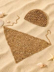 1 Set Women's Spring/Autumn Crochet Sequin Hat & Triangle Scarf, Suitable For Bohemian Style, Spring/Autumn Season, Beach And Travel Use - Triangular Scarf + Hat - View 6