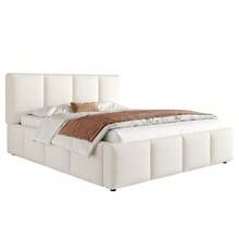 Upholstered Bed, Double Bed, 180 X 200 Cm, Slatted Base, Upholstered Headboard, Beige Bouclé - 米色 - 查看 1