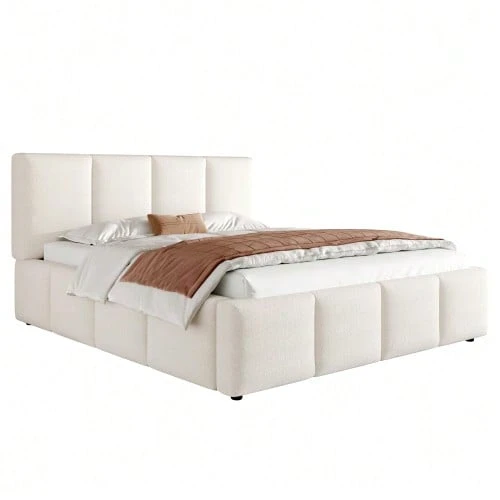 Upholstered Bed, Double Bed, 180 X 200 Cm, Slatted Base, Upholstered Headboard, Beige Bouclé - 米色 - 查看 1