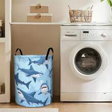 1pc Cartoon Shark Print Round Laundry Basket, Light Blue Underwater Bubble Ocean Animal Storage Bucket With Handle, Foldable, Suitable For Clothes Or Storage, Perfect For Bedroom Or Bathroom Decor - Mint Blue - View 4