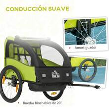 HOMCOM Remolque de Bicicleta para Niños +18 Meses Cochecito para Transporte de 2 Plazas con Cinturón de Protección Espacio de Almacenamiento y Sistema de Amortiguador 140x88x90 cm Verde - Verde - Ver 3