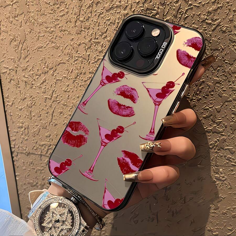 1pc Black Energetic IMD Anti-Drop Protective Case With Tipsy Red Lips Pattern, Personalized Phone Case Compatible With Apple 16 Pro Max/17/16/15/14 Plus/13/12/11/Air And Series - Multicolor - View 1