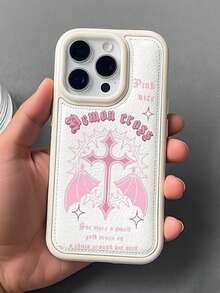 1pc Sweet Cool Pink Devil Cross Phone Case, Soft Leather Full Coverage Shockproof Compatible With Apple 17/16/15/14/13/12 Pro Max, Personalized Niche Subculture Style Accessory, Highly Attractive Gift For Girls, Wear-Resistant Non-Yellowing Soft Edge Hard Back - White - View 2