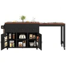 Kitchen Island With Storage, Extendable Dining Table/Bar Table (131.5-210 Cm), 360° Rotatable, With Drawers And Cabinets, Versatile Worktop For Kitchen, Dining Room And Small Spaces, Black - 黑色 - 查看 7