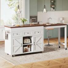 Kitchen Island With Storage, Extendable Dining Table/Bar Table (131.5-210 Cm), 360° Rotatable, With Drawers And Cabinets, Versatile Worktop For Kitchen, Dining Room And Small Spaces, Black - White - View 4