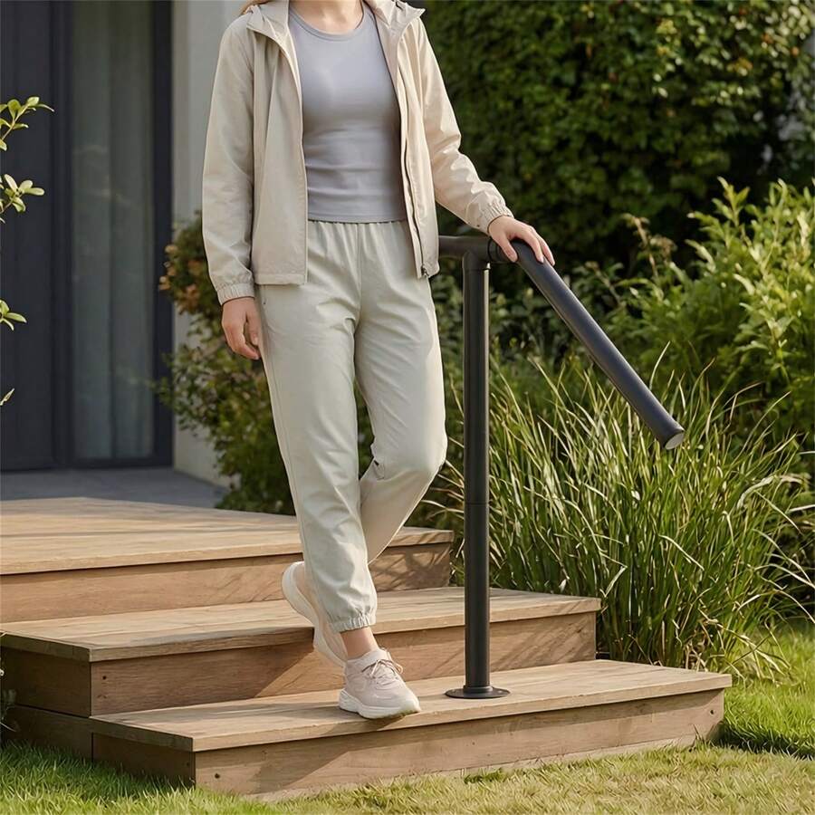 Industrial Pipe Handrail For Outdoor Steps, Single Post Stair Railing, Sturdy Metal With Anti-Slip Caps, Rustproof, Quick Install For Porch Patio - Black - View 1
