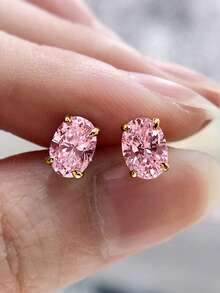 1 Pair Romantic Cubic Zirconia Stud Earrings For Women, Wedding Engagement Party Jewelry, Valentine's Day Gift - Gold + Pink - View 2