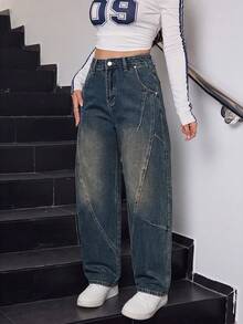 Women's Autumn/Winter Washed Denim Straight Leg Pants, Casual Loose Non-Stretch Wide Leg Trousers, Distressed Style Design Vacation - Teal Blue - View 5