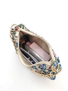 LJDCRFT Elegant Vintage Floral Crescent Underarm Bag With A Chunky Gold Chain, Suitable For Weddings, Dates, Vacations, And Daily Wear. - Blue - View 4