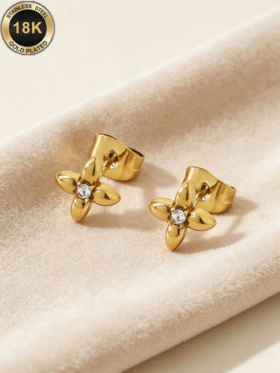 TONSI 1對歐美復古優雅奢華浪漫精緻18K鍍金不鏽鋼拋光四瓣花單鑽迷你耳釘,時尚百搭花卉耳環,適合女性日常、通勤、聚會、派對場合,送給朋友、家人、閨蜜的禮物 - 金色 - 查看 1
