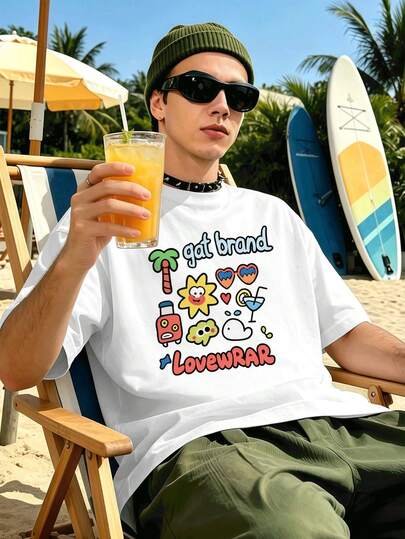 Camiseta De Hombre Con Estampado De Dibujos Animados Veraniegos, Algodón De Primera Calidad, Cuello Redondo, Corte Holgado, Cómoda, Estampado Llamativo.