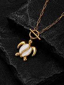1pc Stainless Steel 18K Gold Plated Ocean Style White Oil Drop Turtle Sea Turtle Pendant Necklace - Multicolor - View 1