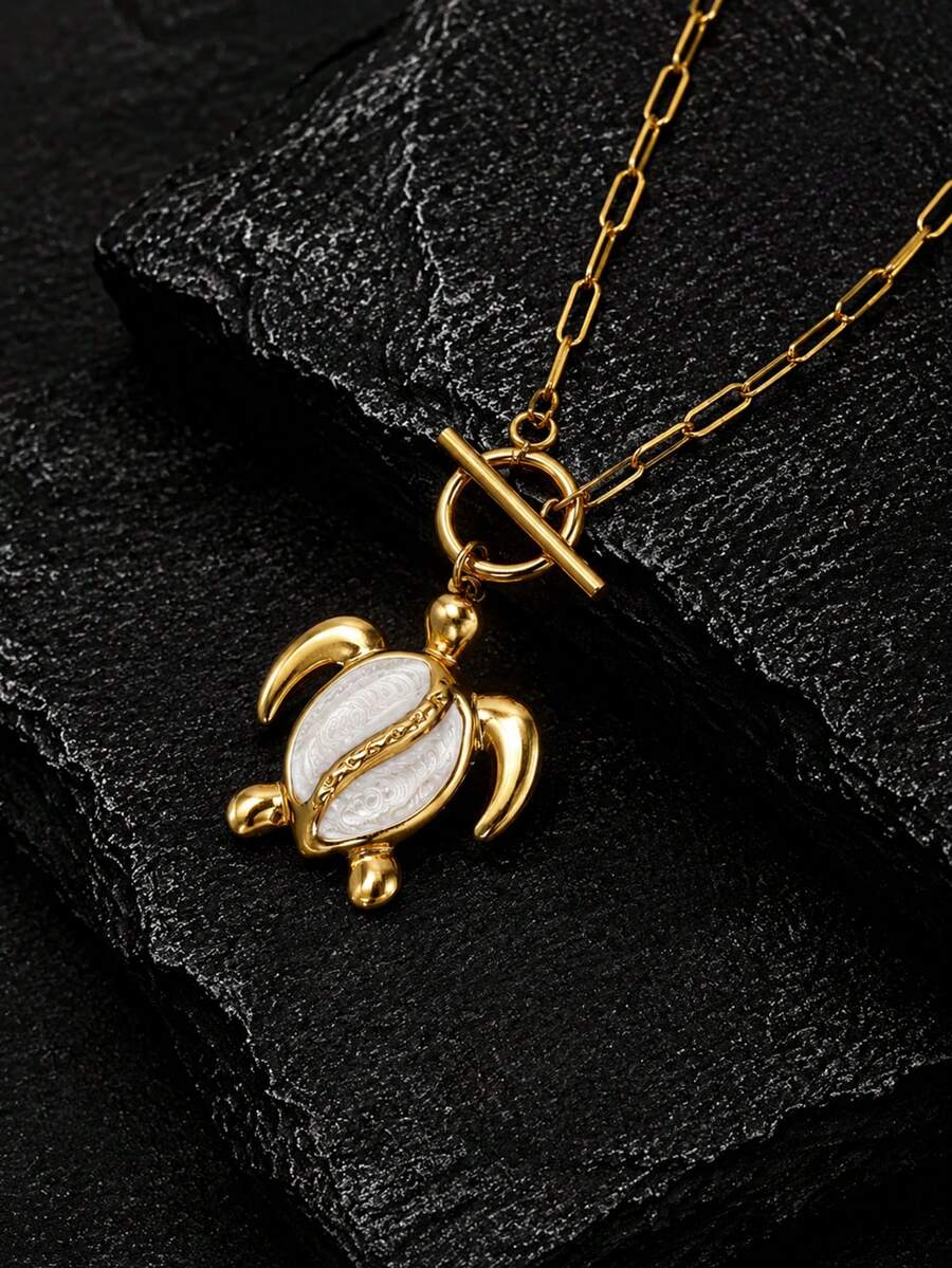 1pc Stainless Steel 18K Gold Plated Ocean Style White Oil Drop Turtle Sea Turtle Pendant Necklace - Multicolor - View 1