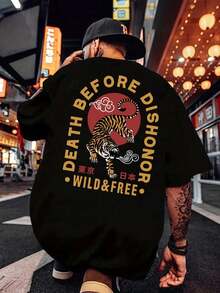 T-shirt casual da uomo con stampa di lettere e tigre, adatta per i viaggi, camiseta hombre - nero - Visualizzare 1