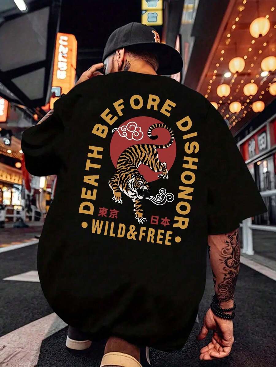 T-shirt casual da uomo con stampa di lettere e tigre, adatta per i viaggi, camiseta hombre - nero - Visualizzare 1