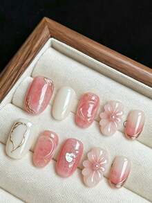 Handmade Press On Nails 10Pcs Short Oval Pink White Gradient False Nails, Elegant 3D Flower Gold Line Heart Rhinestone Cat Eye Design, Reusable Pink Nails For Fall Winter Party Daily, Pink Nail Art Set + Free Tool Kit - 粉色 - 查看 12