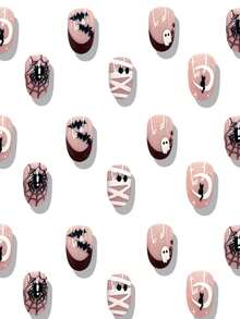 24pcs Short Round Press-On Nails, Colorful Short Nail Tips, Black Spider & Cat Nail Art, Halloween Nails - 彩色 - 查看 2