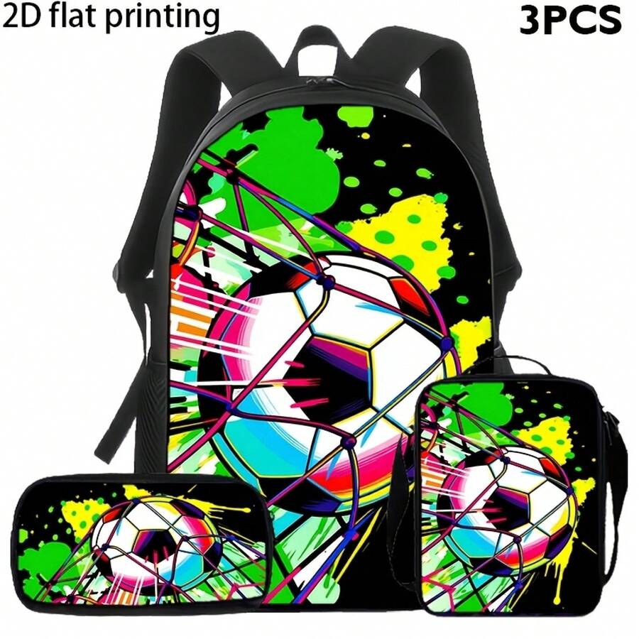 Ensemble de 3 sacs à dos colorés sur le thème du football, comprenant un sac à dos de grande capacité, un petit sac bandoulière et une trousse à crayons, avec un design coloré à effet d'encre écl - Ensemble de trois pièces - Voir 1