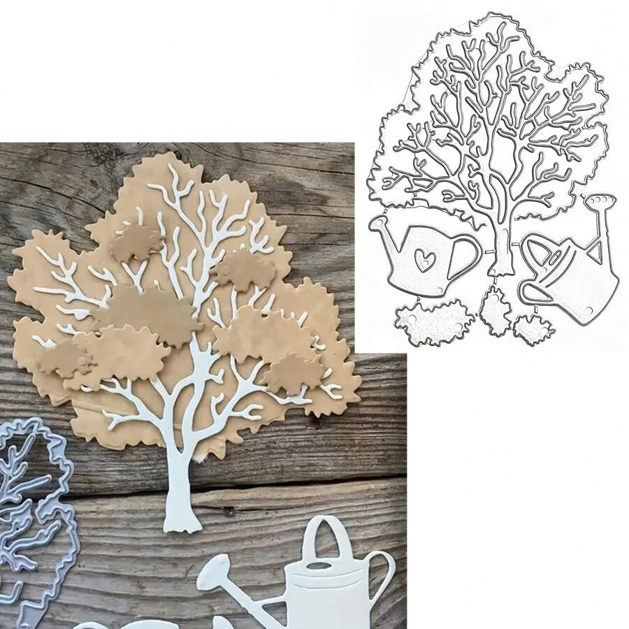 Tree-Shaped Metal Die-Cut Set, Tree Planting And Watering Can Frame Cutting Molds, DIY Photo Decoration Templates, Embossed Paper Molds, Suitable For Scrapbooking And Card Making. - Silver-white - View 1