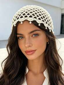 1pc New Bohemian Style Pearl Sequin Crochet Hollow Bead Beanie Hat, High-End Knitted Headwear - Multicolor - View 5