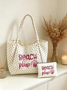 Vintage Polka Dot White Large Capacity Shoulder Bag Set - Black Letter "Beach" Print And Magenta Glitter Letter Style, Shopping And Travel Tote Bag With White Small Bag, Foldable Shoulder Handbag, Commuter Tote Bag, Tablet Bag, Storage Bag, Summer Essential Travel Bag, Suitable For Beach Trips, Pool Days, Shopping And Daily Use. Back To School, Teacher's Day Gift - Multicolor - View 7