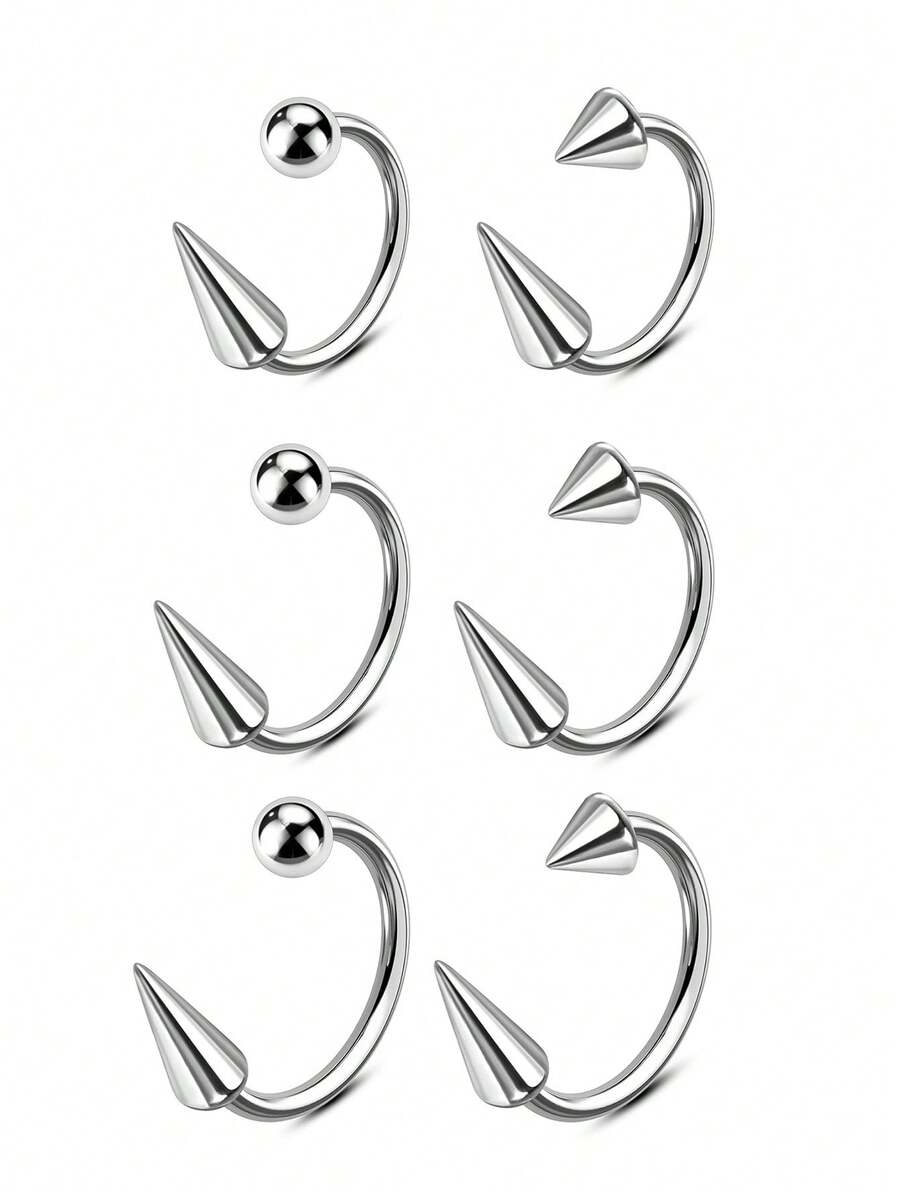6PCS 8/10/12MM Horseshoe Long Short Spike/Ball Labret Rings, Lip Piercing Jewelry Lip Rings,Steel Septum Helix Conch Piercing Jewelry - Silver - View 1