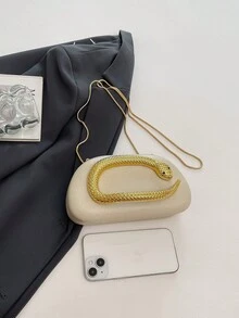 女款晚宴手拿包 橢圓形盒子包 3D金色蛇紋裝飾 奢華風 適合雞尾酒會、宴會、夜晚外出，四季皆宜 - 白色 - 查看 7