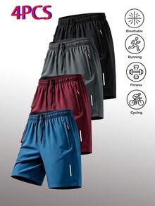 4pcs Men's Sports Shorts, Zipper Pockets, Elastic Drawstring Waistband, Lightweight Design Suitable For Running, Fitness And Casual Occasions Summer - Multicolor - View 2