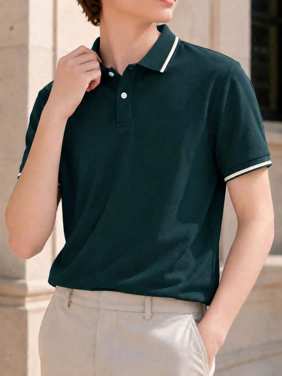 青少年男款經典海軍藍條紋對比領短袖POLO衫，適合學校、聚會、日常穿著 - 墨綠色 - 查看 1
