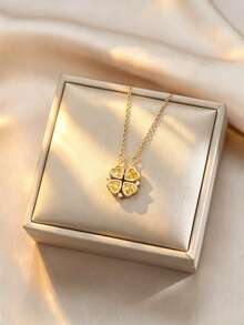 1 pieza Collar con colgante de corazón y trébol de acero inoxidable para mujeres, diseño creativo, minimalista, personalizado, de moda, adecuado para el Día de San Valentín, Acción de Gracias, Navidad, uso diario, fiestas, vacaciones, regalo, opción asequible (embalaje en bolsa OPP, caja solo para fotografía) - Amarillo Oro - Ver 4