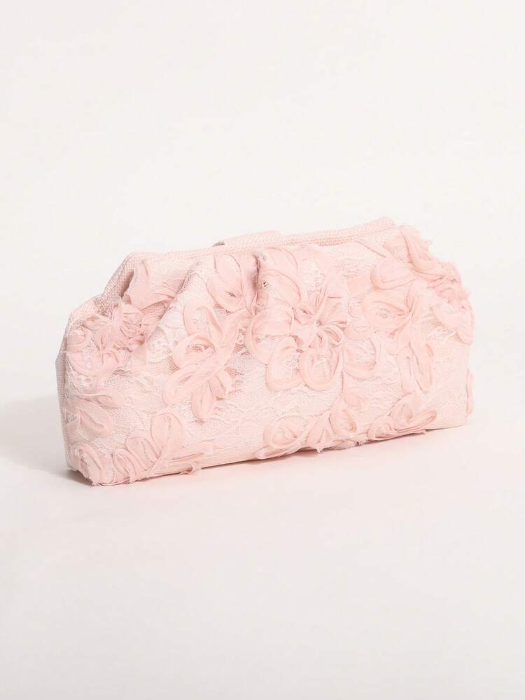 女款淡粉色花卉蕾絲手拿包，附可拆卸金色鏈條肩帶，新娘婚禮晚宴包 - 粉色 - 查看 5