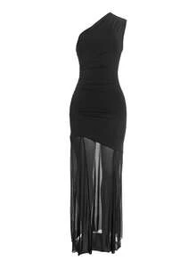 Black One Shoulder Mesh Maxi Dress, Summer Elegant Ruched Bodycon Gown, Asymmetrical Formal Dress, Wedding Guest Party Evening Vacation Outfit. - Black - View 4