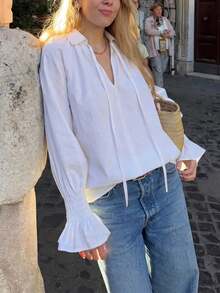 Women's Solid Color Long Sleeve Ruffle Trim Strap Top - White - View 3